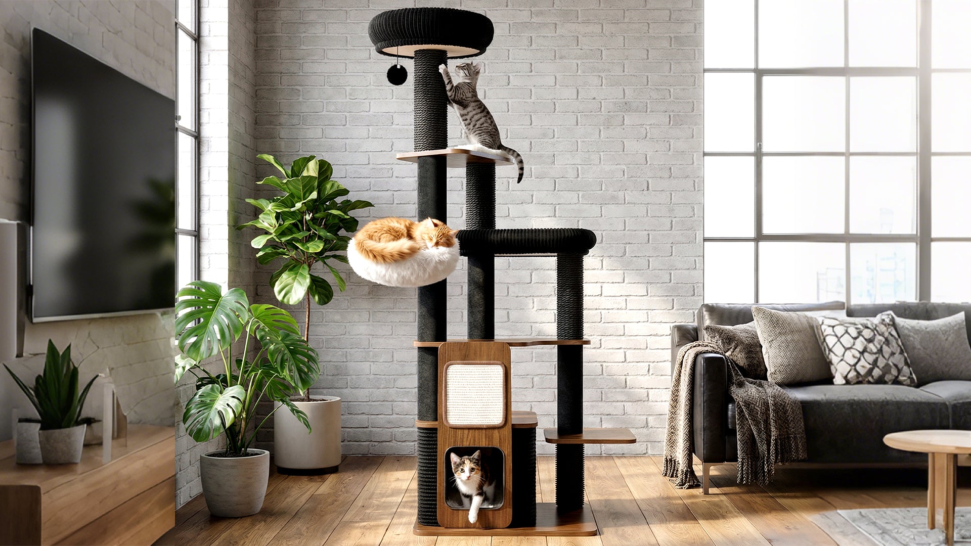 Load video: 63" modern cat tree with reinforced wood base, sisal scratching posts, extra large perch &amp; cozy condos. Easy to clean, wobble-free, built for Maine Coons and large cats.|Purrlato cat tree