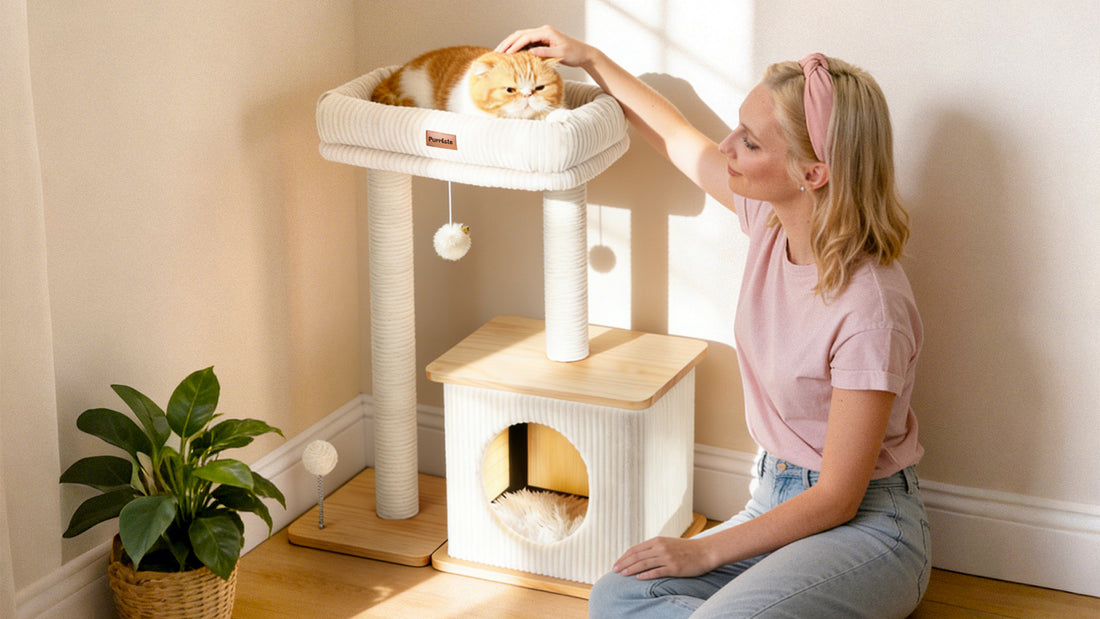 Compact wooden cat tree with sisal scratching posts, soft padded beds & cozy condos. Space-saving, easy to clean, safe for kittens and adult cats.