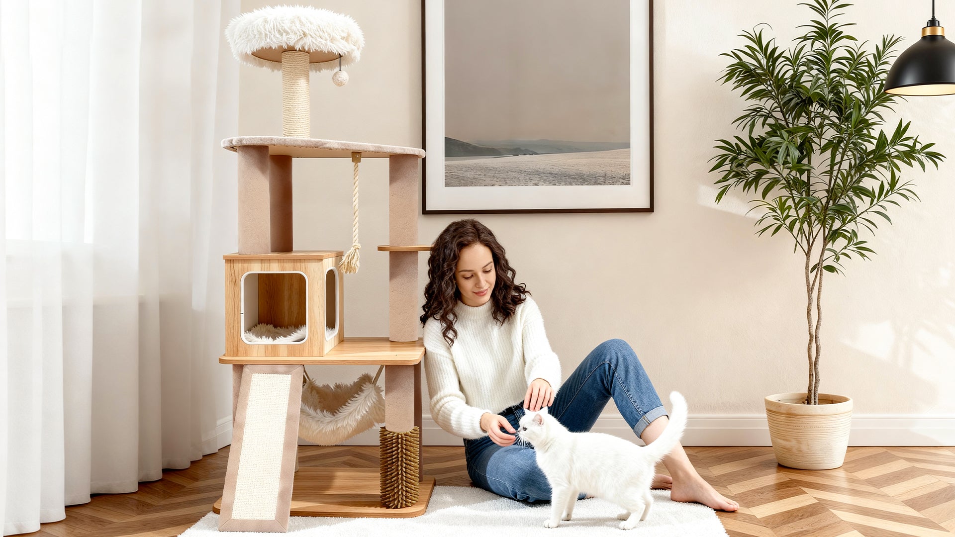 Load video: 61" Nordic-style cat tree with eco-friendly wood, machine-washable cushions, sisal scratching posts &amp; hammock. Easy to clean, safe and sustainable for indoor cats.