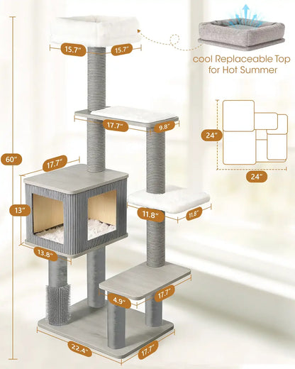 Dimensions chart of the Purrlato 60-inch heavy-duty cat tree, showing multi-level platform sizes, base dimensions, and a cool replaceable top for hot summer.
