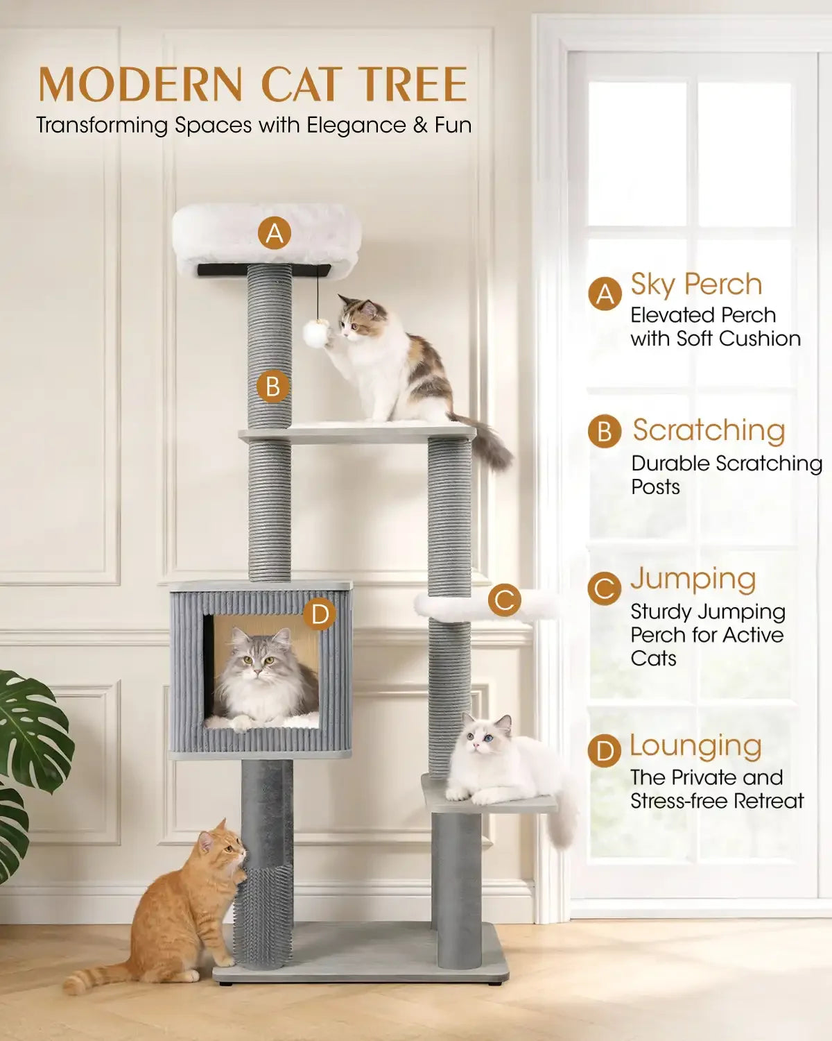Features diagram of the Purrlato modern cat tree showing product details including A Sky Perch with soft cushion, B durable scratching posts, C sturdy jumping perch, and D private lounging condo box.