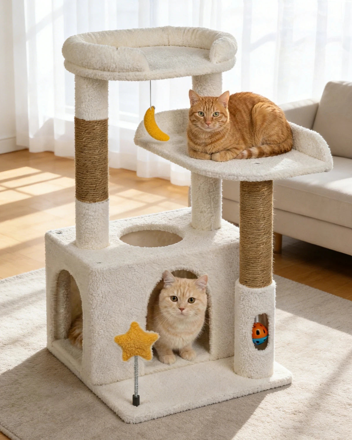 Purrlato Candy Loft 30-inch beige teddy fleece cat tree tower featuring a ginger cat resting on the middle platform and an orange tabby cat inside the cozy cat condo cave.