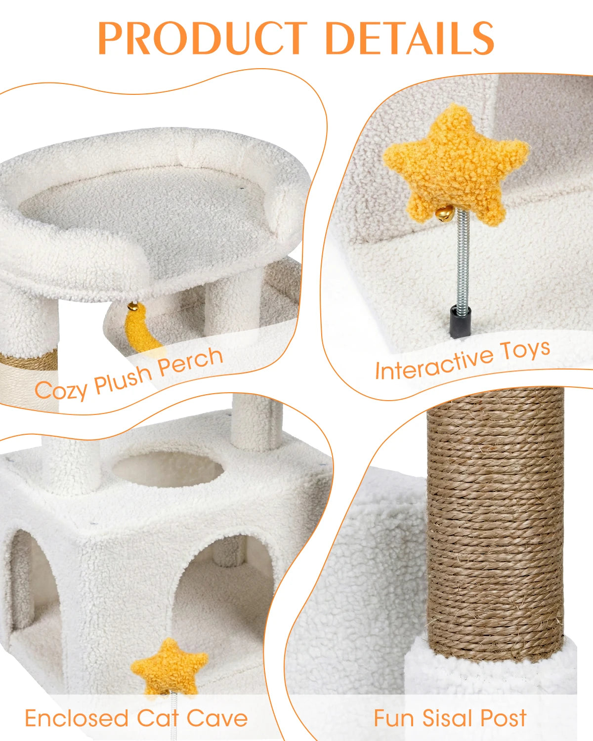 Product details for Purrlato Candy Loft beige cat tree, showcasing a cozy plush perch with cream teddy fleece fabric, interactive spring star toy, enclosed cat cave, and a fun natural brown sisal post.