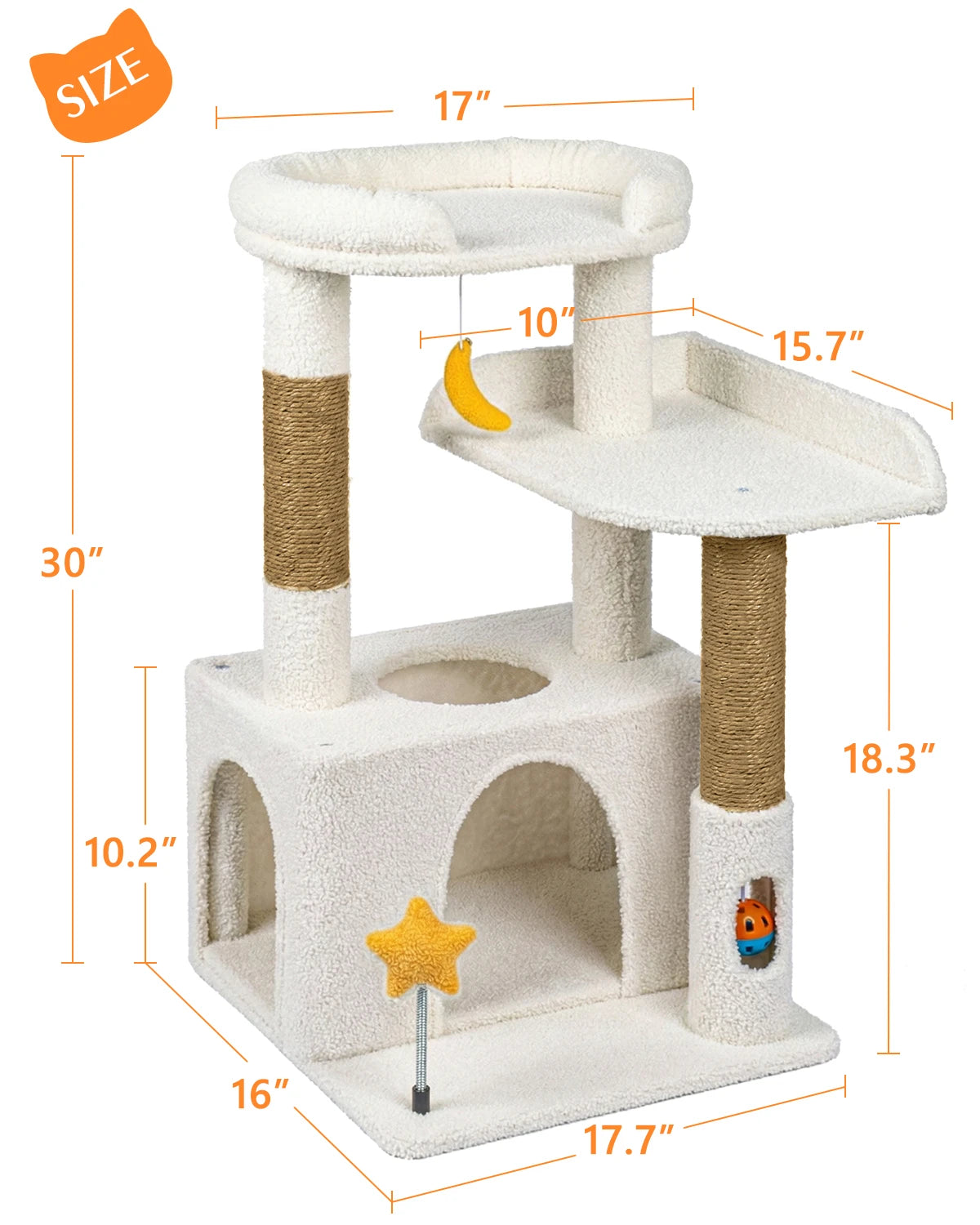 Size chart and dimension blueprint for Purrlato Candy Loft 30-inch beige teddy fleece cat tree, showcasing 30" total height, 17.7" width, 16" depth, and 10.2" cozy cream cat condo size.