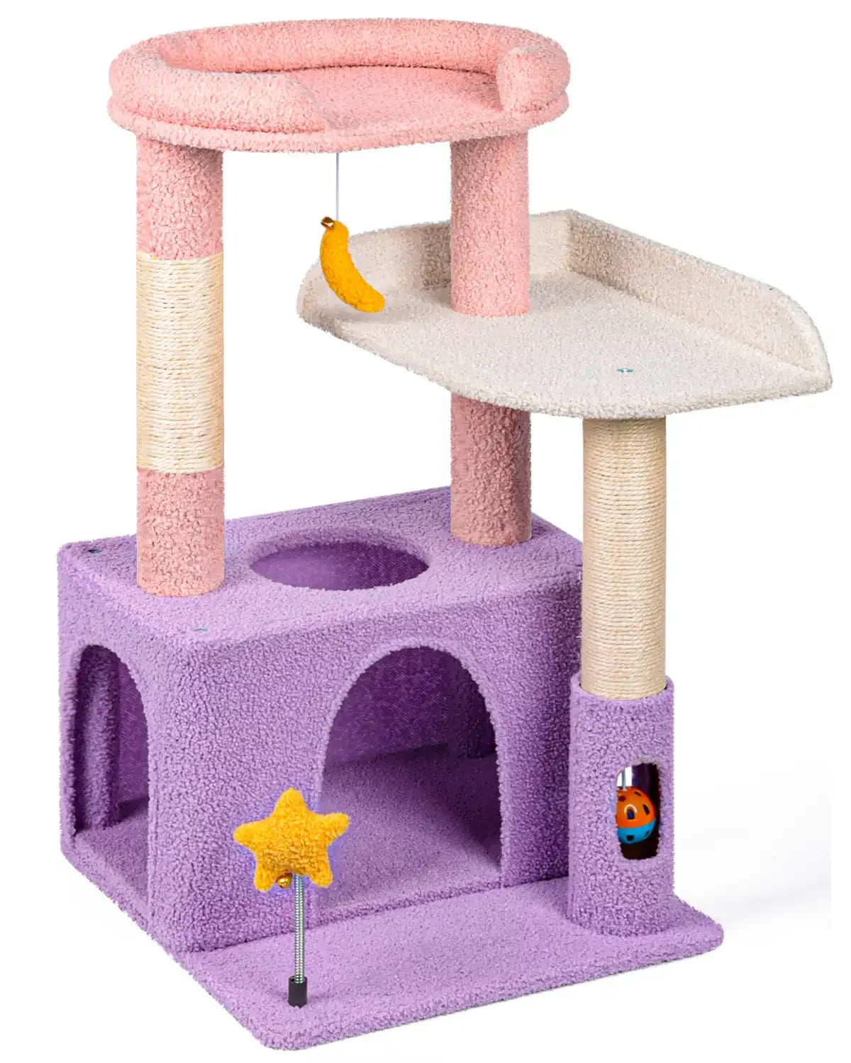 Purrlato Candy Loft purple and pink pastel cat tree tower isolated on a white background.