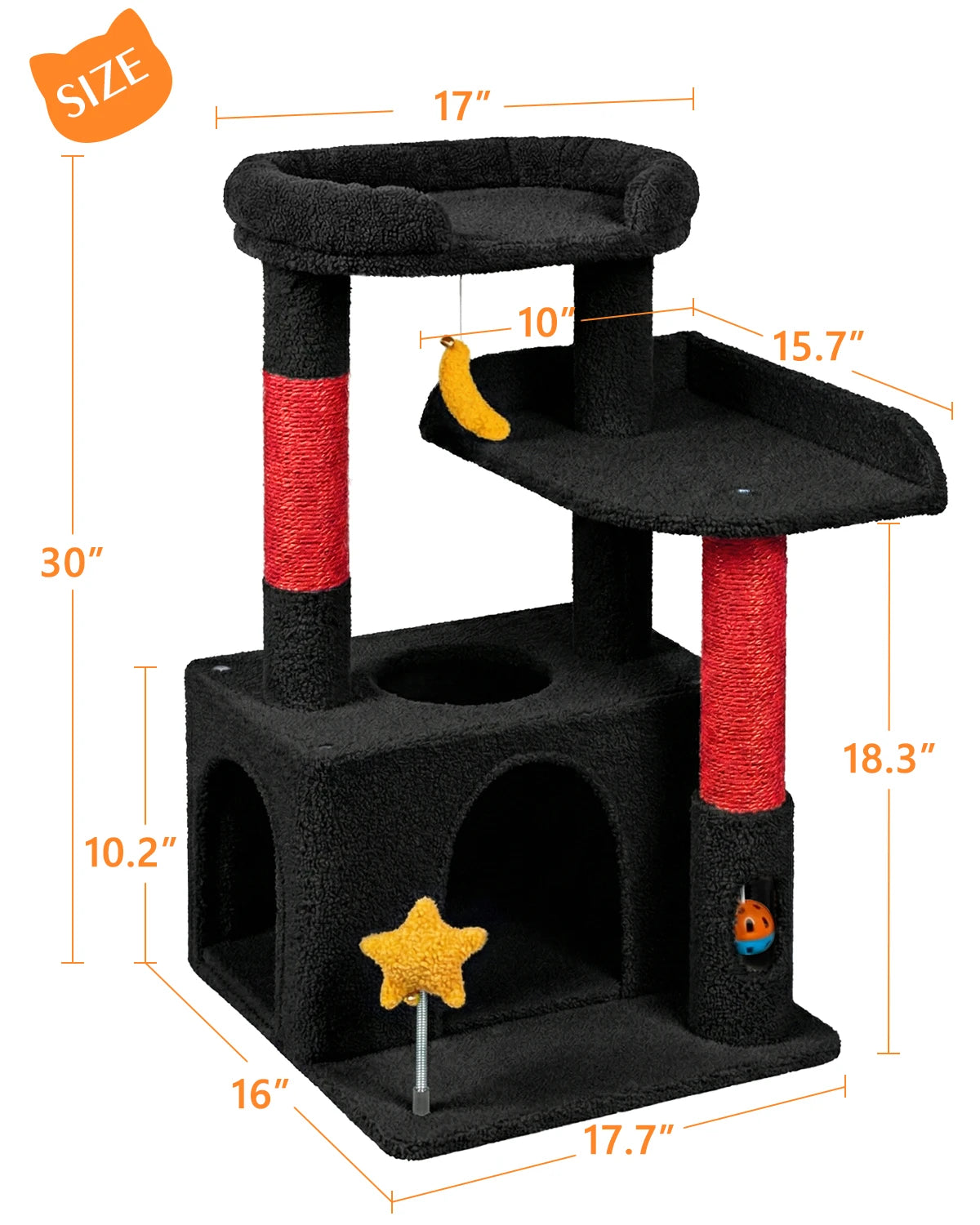 Size chart and blueprint for Purrlato Candy Loft 30-inch cat tree, showing detailed dimensions: 30" total height, 17.7" width, 16" depth, 10.2" condo height, and 17" top perch.
