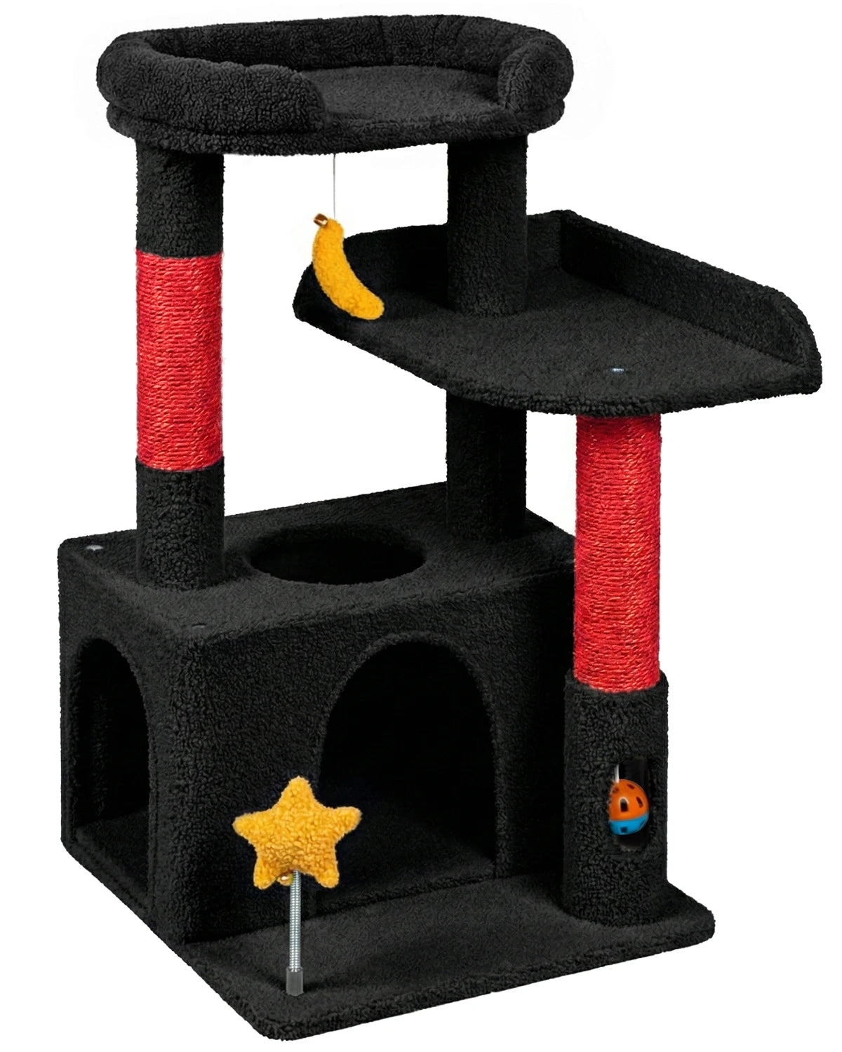 Purrlato Candy Loft 30-inch jet black cat tree tower isolated on a white background, featuring red sisal scratching posts, a plush cat condo, top perch, and a hanging banana toy.