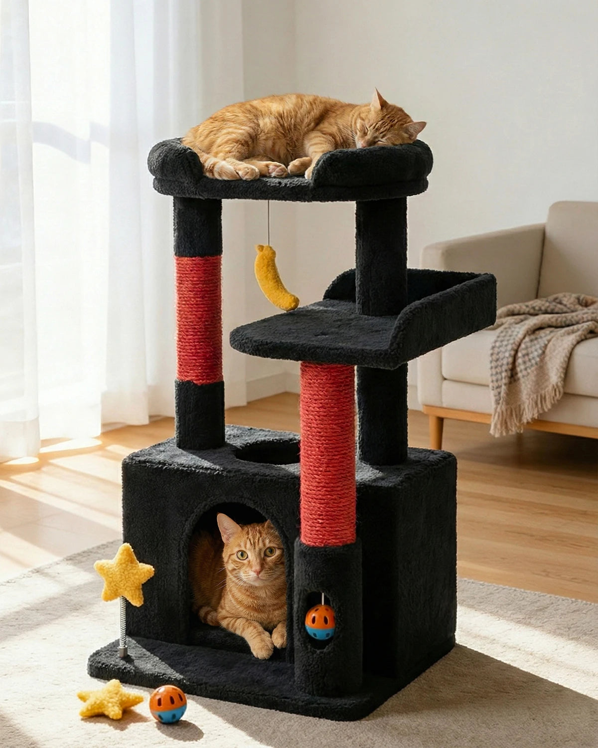 Purrlato Candy Loft 30-inch jet black cat tree tower featuring an orange tabby cat sleeping on the top plush perch and another cat inside the bottom condo cave with sisal scratching posts.