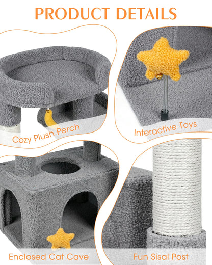 Product details for Purrlato Candy Loft light grey cat tree, showcasing a cozy plush perch with teddy fleece fabric, interactive spring star toy, enclosed cat cave, and a fun natural sisal post.
