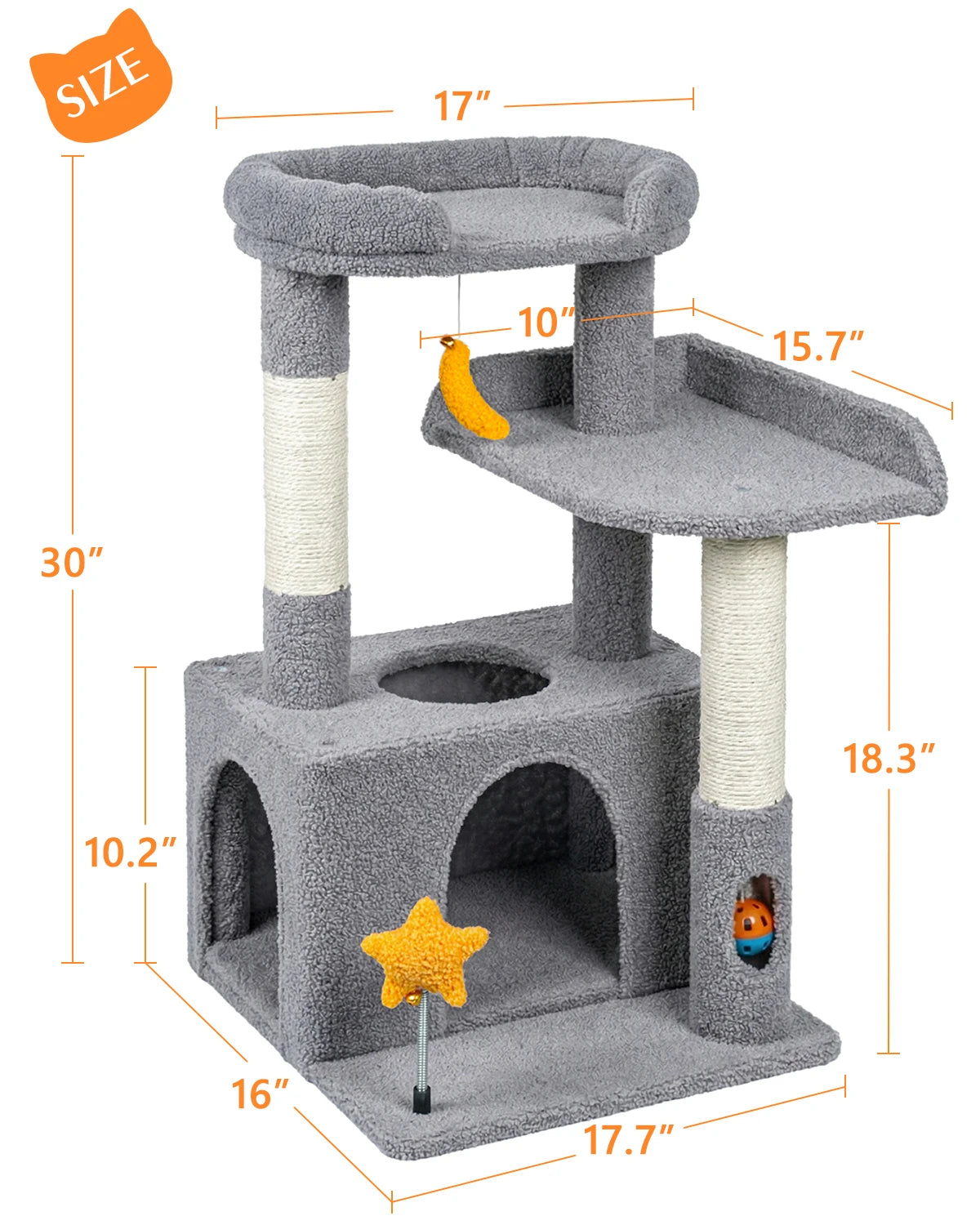 Size chart and dimension blueprint for Purrlato Candy Loft 30-inch light grey teddy fleece cat tree, showcasing 30" total height, 17.7" width, 16" depth, and 10.2" cozy cat condo size.