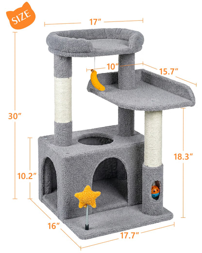 Size chart and dimension blueprint for Purrlato Candy Loft 30-inch light grey teddy fleece cat tree, showcasing 30" total height, 17.7" width, 16" depth, and 10.2" cozy cat condo size.