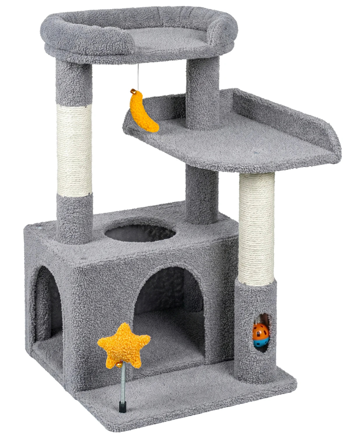 Purrlato Candy Loft 30-inch light grey cat tree tower isolated on a white background, featuring natural sisal scratching posts, a teddy fleece cat condo, padded top perch, and interactive toys.