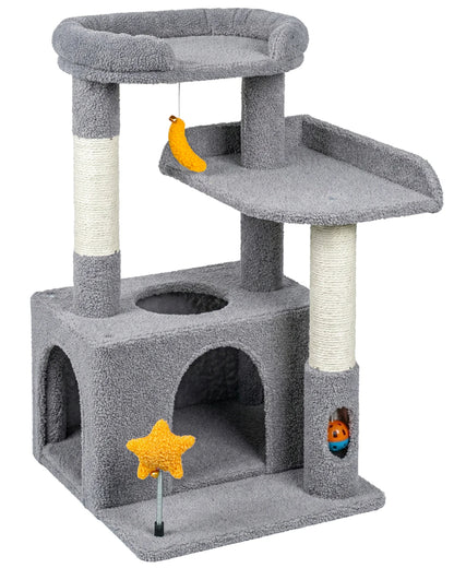 Purrlato Candy Loft 30-inch light grey cat tree tower isolated on a white background, featuring natural sisal scratching posts, a teddy fleece cat condo, padded top perch, and interactive toys.