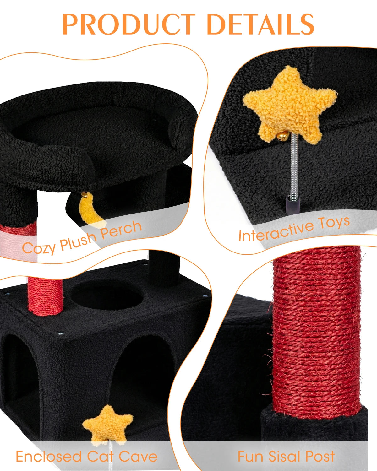 Detailed features of Purrlato Candy Loft cat tree including a cozy plush perch, interactive spring star toy, enclosed private cat cave, and durable red fun sisal scratching post.