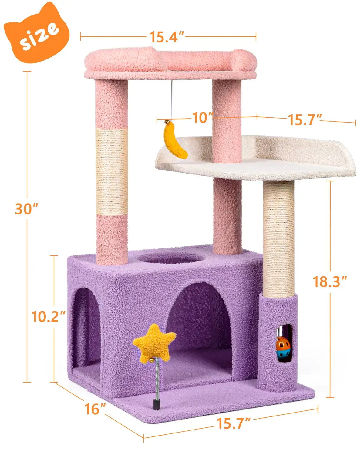 Exact dimensions of Purrlato 30-inch small cat tree tower, showcasing compact size for apartments and small spaces.