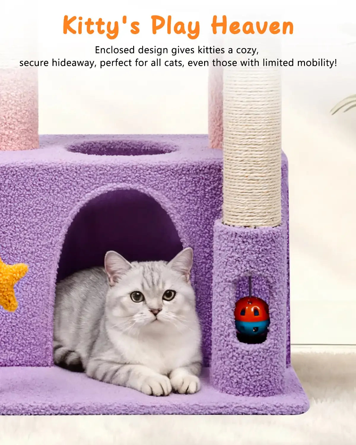 Enclosed condo on Purrlato violet cat tree tower, providing a cozy hideaway for cats with limited mobility.