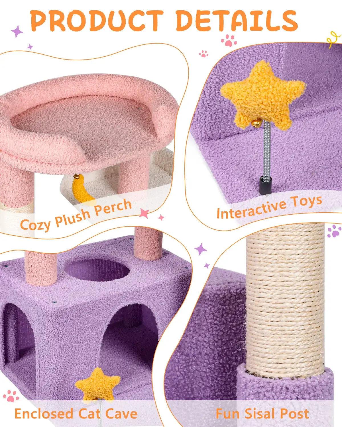 Detailed features of Purrlato violet cat tree tower including plush perch, interactive toys, cat cave, and sisal post.