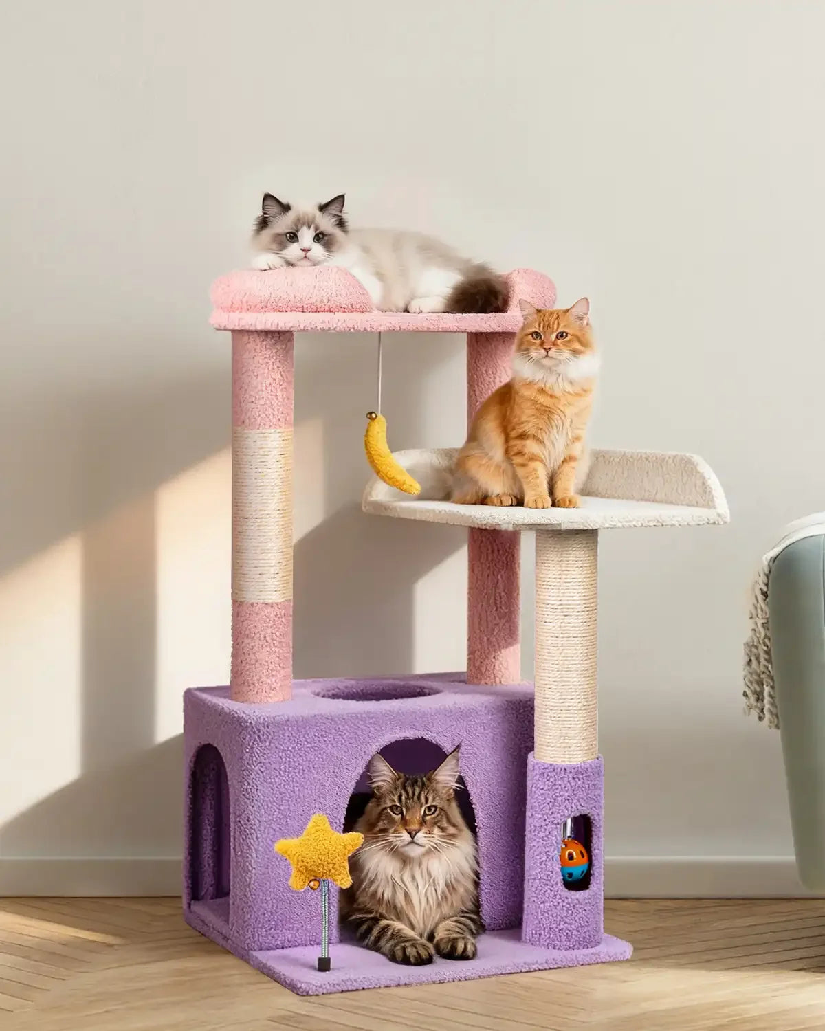 Purrlato multi-level cat tree tower designed for large cats, kittens, and multiple cat breeds like Maine Coon.