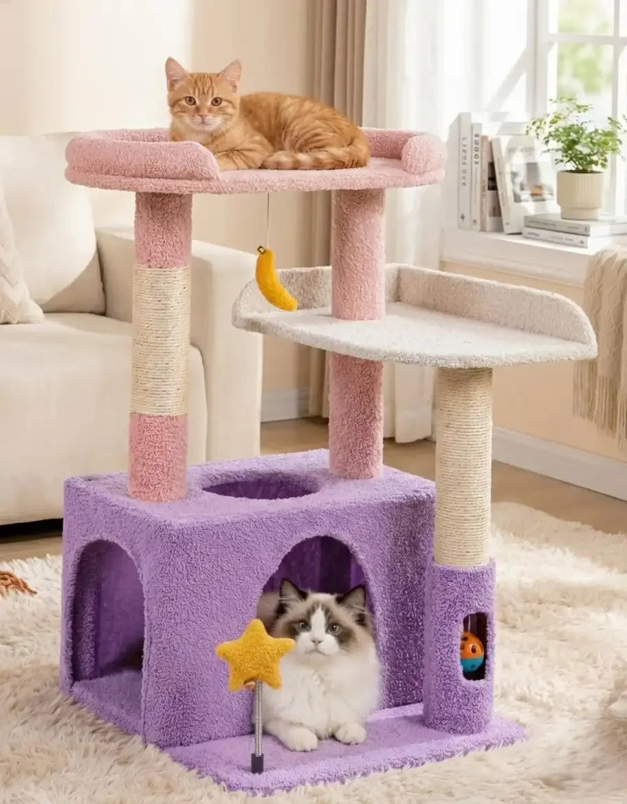 Purrlato Candy Loft moonlit violet cat tree tower featuring a cozy condo, sisal scratching posts, and two cats.