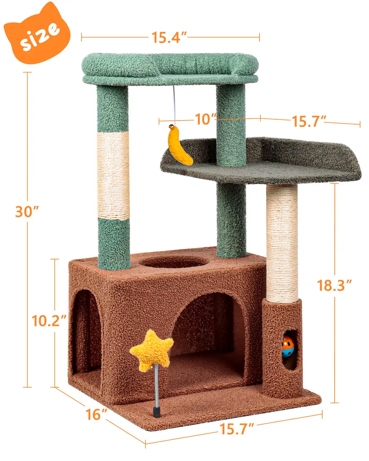 Size chart of Purrlato olive green cat tower, showcasing compact 30-inch dimensions for small spaces and apartments.