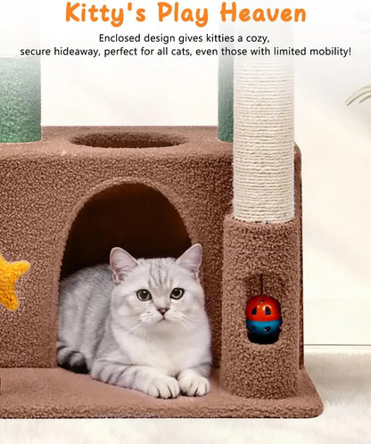 A silver British Shorthair cat lying inside the enclosed condo of Purrlato sturdy cat tree for cats with limited mobility.