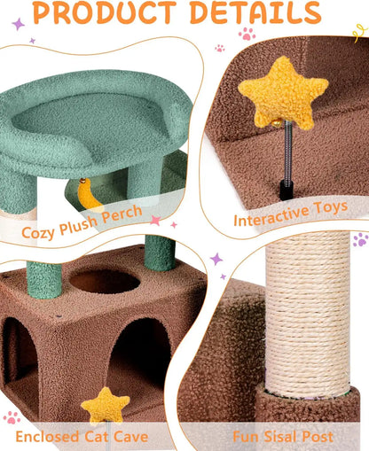 Detailed components of Purrlato olive green cute cat tree including a plush perch, interactive toys, cave, and sisal post.