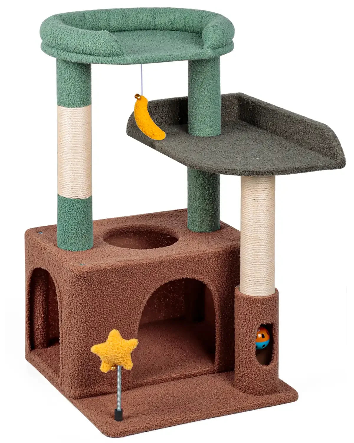 Purrlato Candy Loft olive green and brown modern cat tree isolated on a white background.