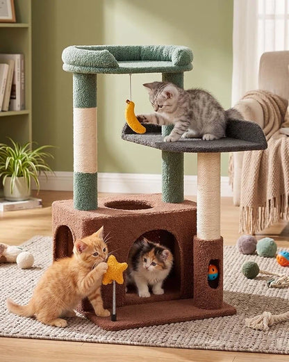 30-Inch Cute Cat Tree Kitten Cat Tower with Condo, Sisal Scratching Posts, Padded Perch, Jump Platform, Dangling Ball | Reinforced Wooden Base, Wobble-Free, Easy to Assemble, Safe for Kittens