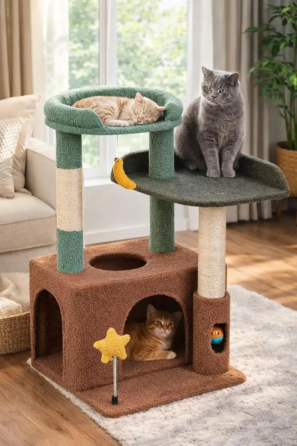 Three cute cats playing on the Purrlato olive green kitten tower with a cozy brown condo and scratching posts.
