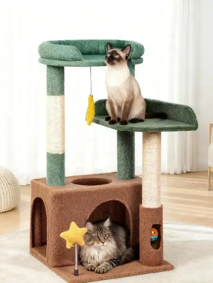 Siamese and longhair cats lounging on the Purrlato olive green multi level cat tree with a cozy brown condo base.