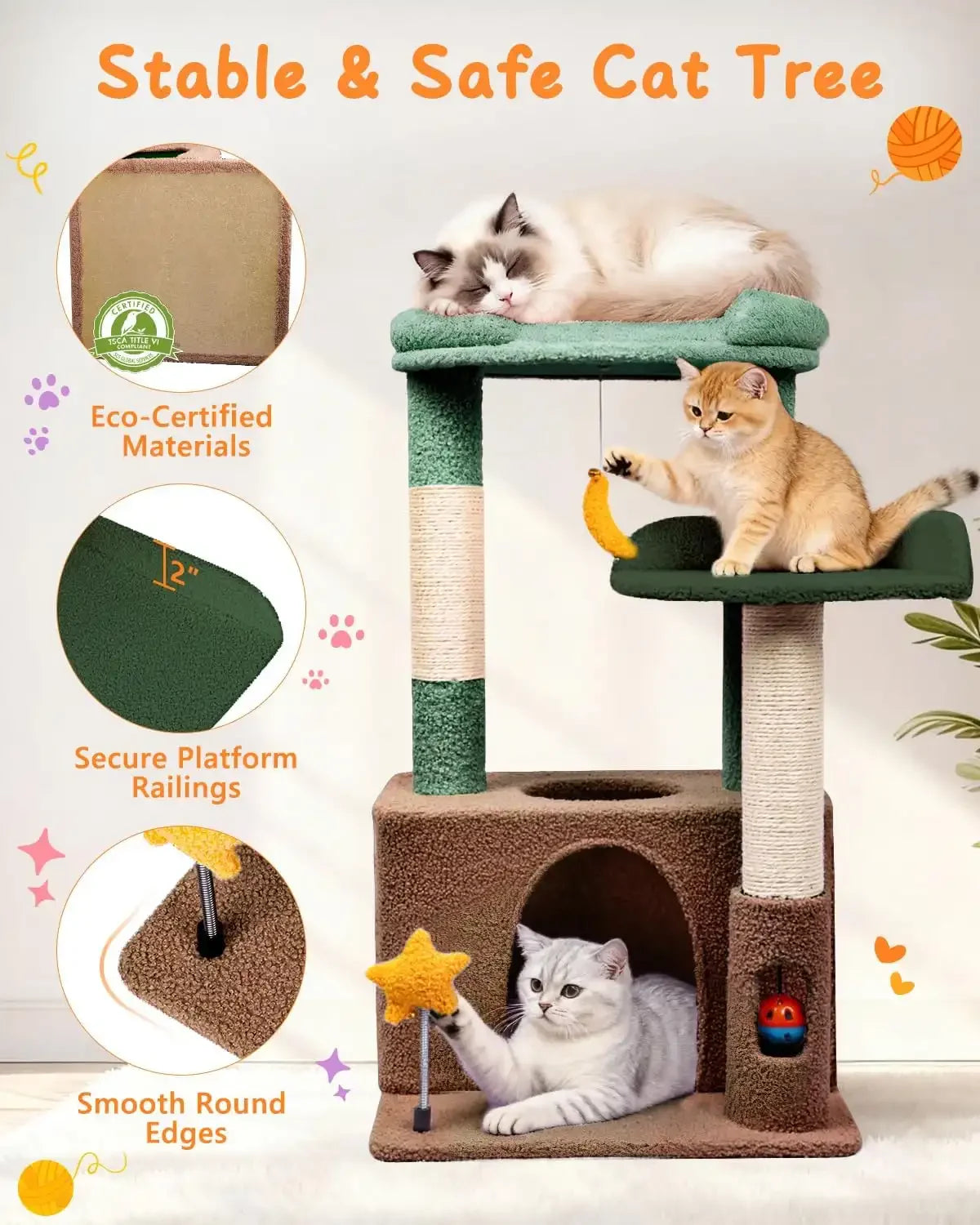 Eco friendly Purrlato olive green cat tree featuring secure platform railings, round edges, and three cats playing safely.