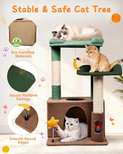 Eco friendly Purrlato olive green cat tree featuring secure platform railings, round edges, and three cats playing safely.