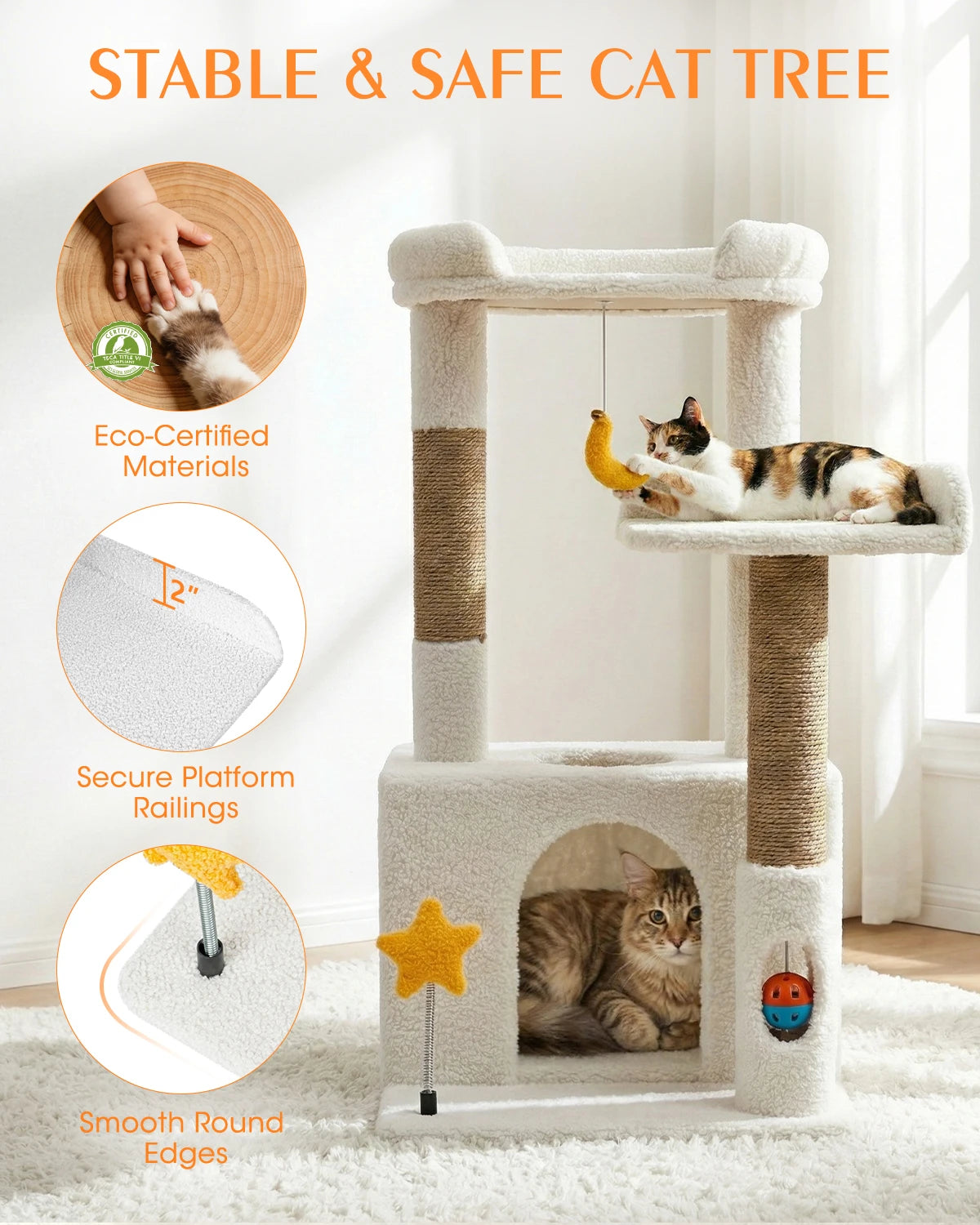 Stable and safe Purrlato Candy Loft beige cat tree showcasing eco-certified materials, 2-inch secure platform railings, smooth round edges, with a calico cat and a tabby cat.