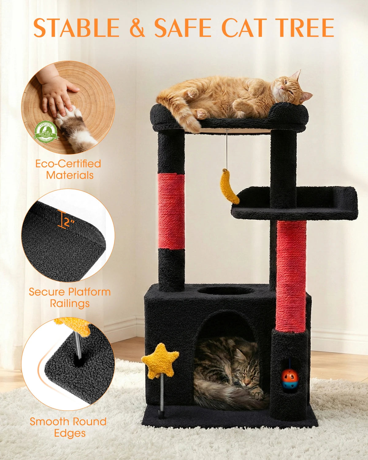 Stable and safe Purrlato Candy Loft cat tree showing eco-certified materials, 2-inch secure platform railings, smooth round edges, and two sleeping cats.