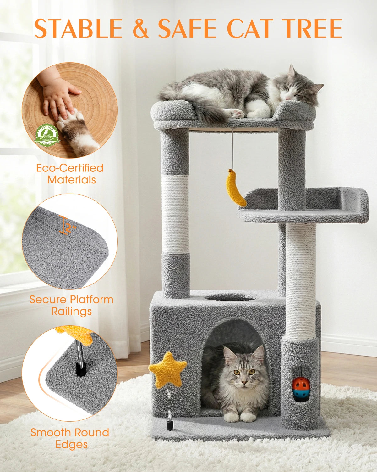 Stable and safe Purrlato Candy Loft light grey cat tree showcasing eco-certified materials, 2-inch secure platform railings, smooth round edges, and two fluffy cats relaxing.