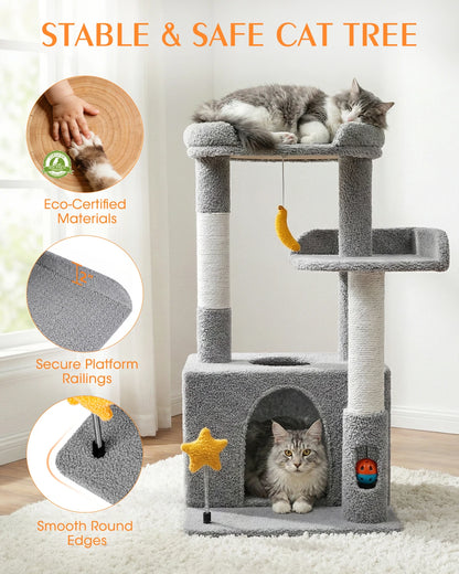 Stable and safe Purrlato Candy Loft light grey cat tree showcasing eco-certified materials, 2-inch secure platform railings, smooth round edges, and two fluffy cats relaxing.