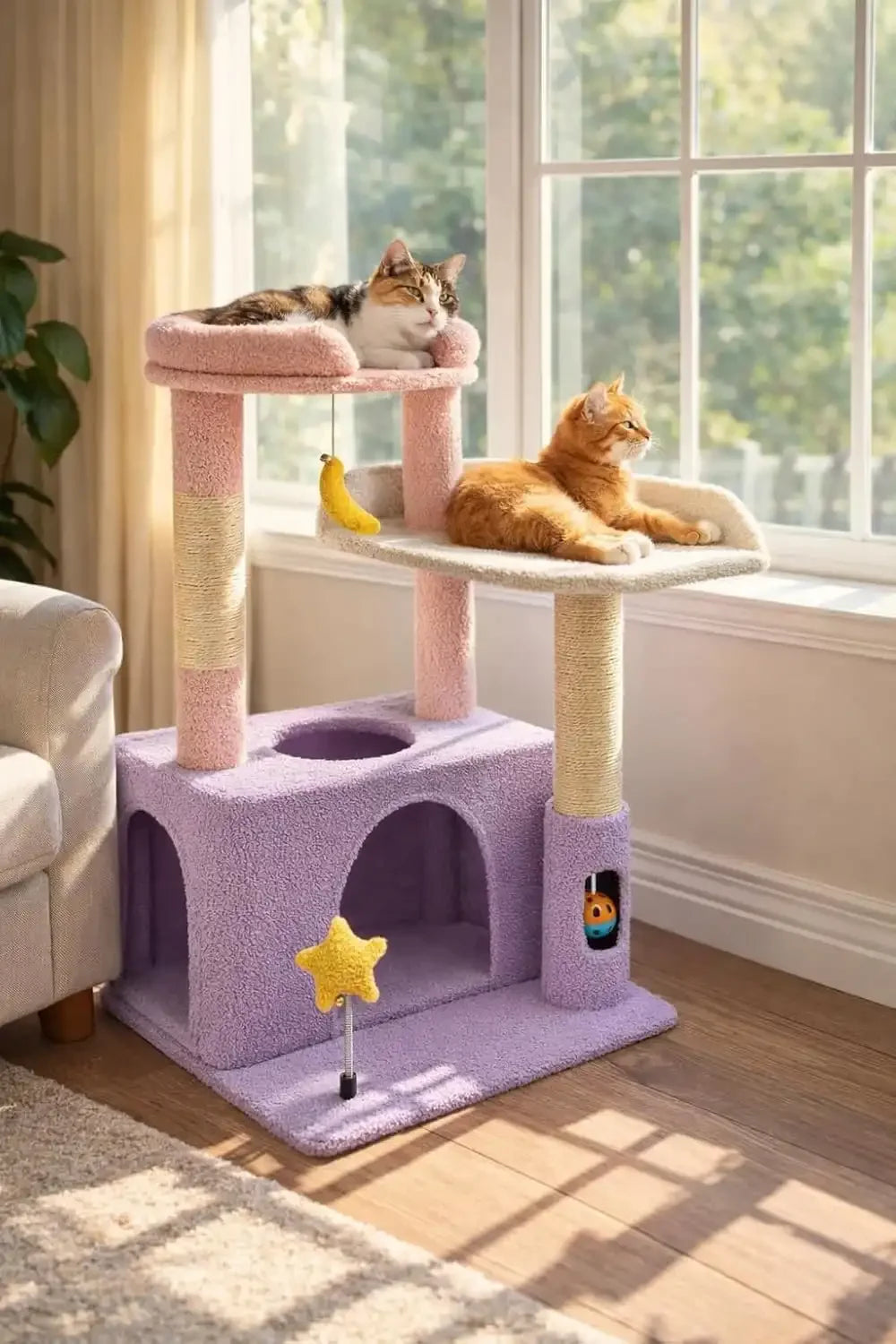 Two cats lounging on Purrlato violet window cat tree tower, enjoying the sunshine and watching outside.