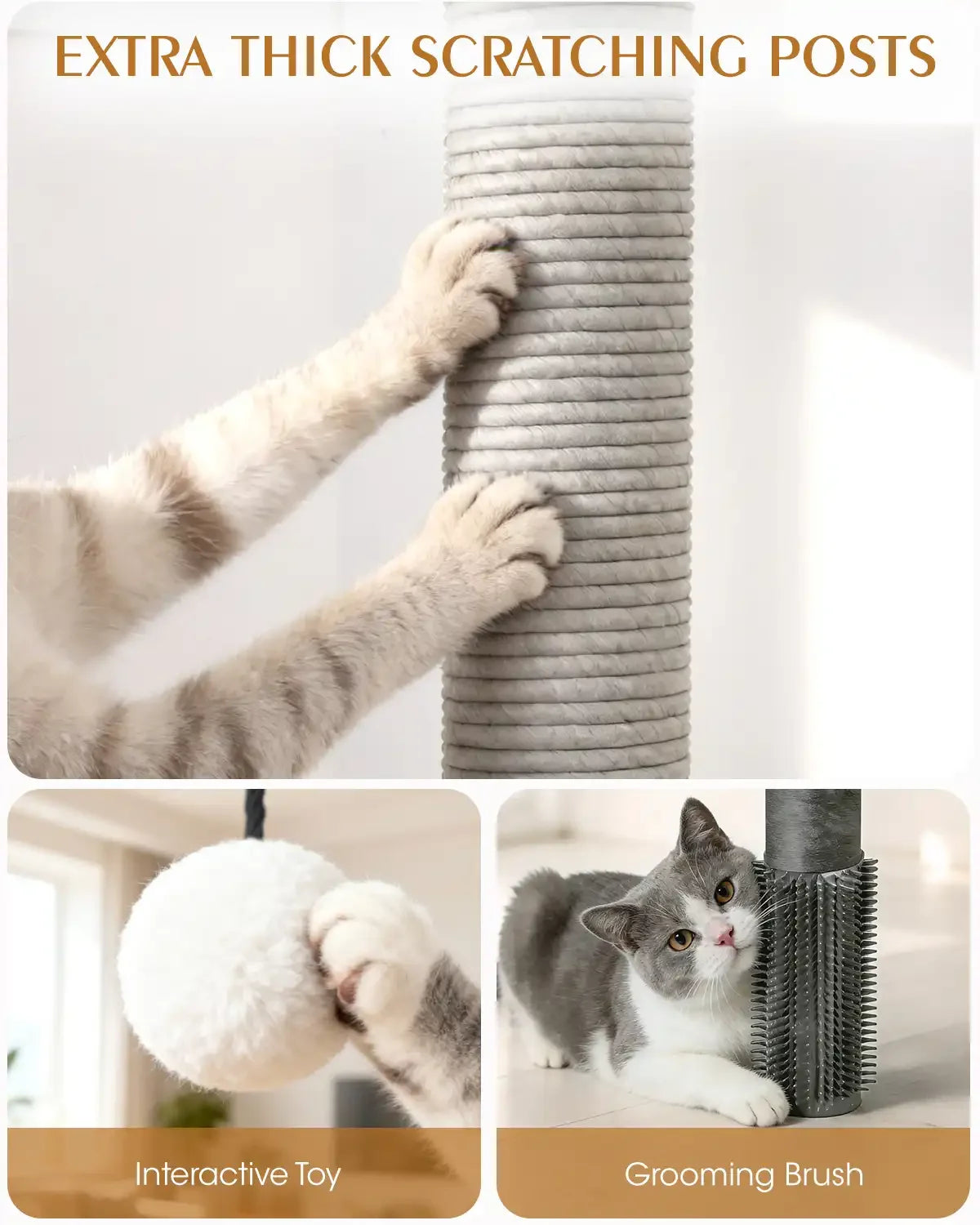Close-up features of Purrlato cat tree including extra thick scratching posts, a cat playing with an interactive toy ball, and a cat rubbing against a grooming brush.