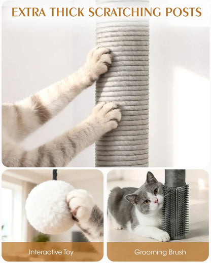 Close-up features of Purrlato cat tree including extra thick scratching posts, a cat playing with an interactive toy ball, and a cat rubbing against a grooming brush.