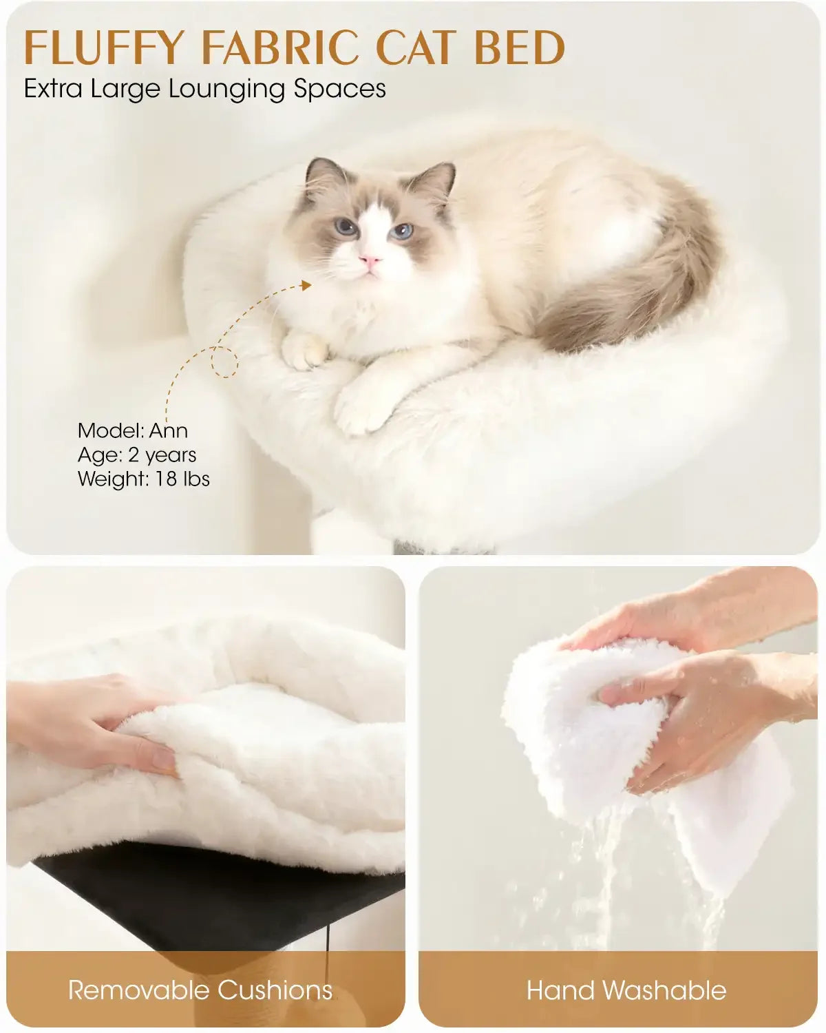 Details of Purrlato cat tree featuring an extra large fluffy fabric cat bed with an 18 lbs cat, removable cushions, and hand washable plush fabric.