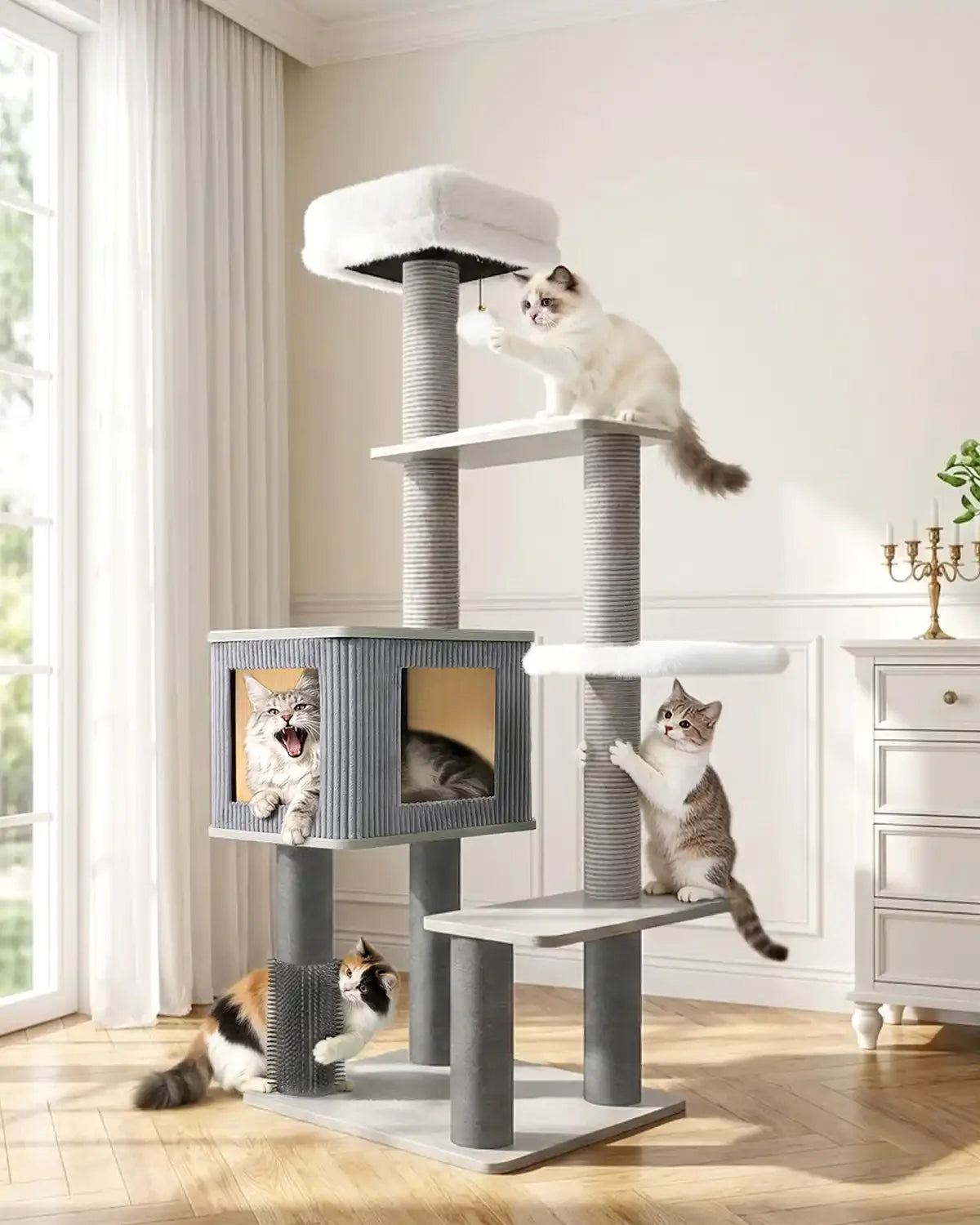 Modern Purrlato cat tree in a bright living room, showcasing four cats playing together, including a cat inside the condo and another rubbing against the bottom grooming brush.
