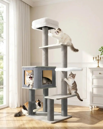 Modern Purrlato cat tree in a bright living room, showcasing four cats playing together, including a cat inside the condo and another rubbing against the bottom grooming brush.