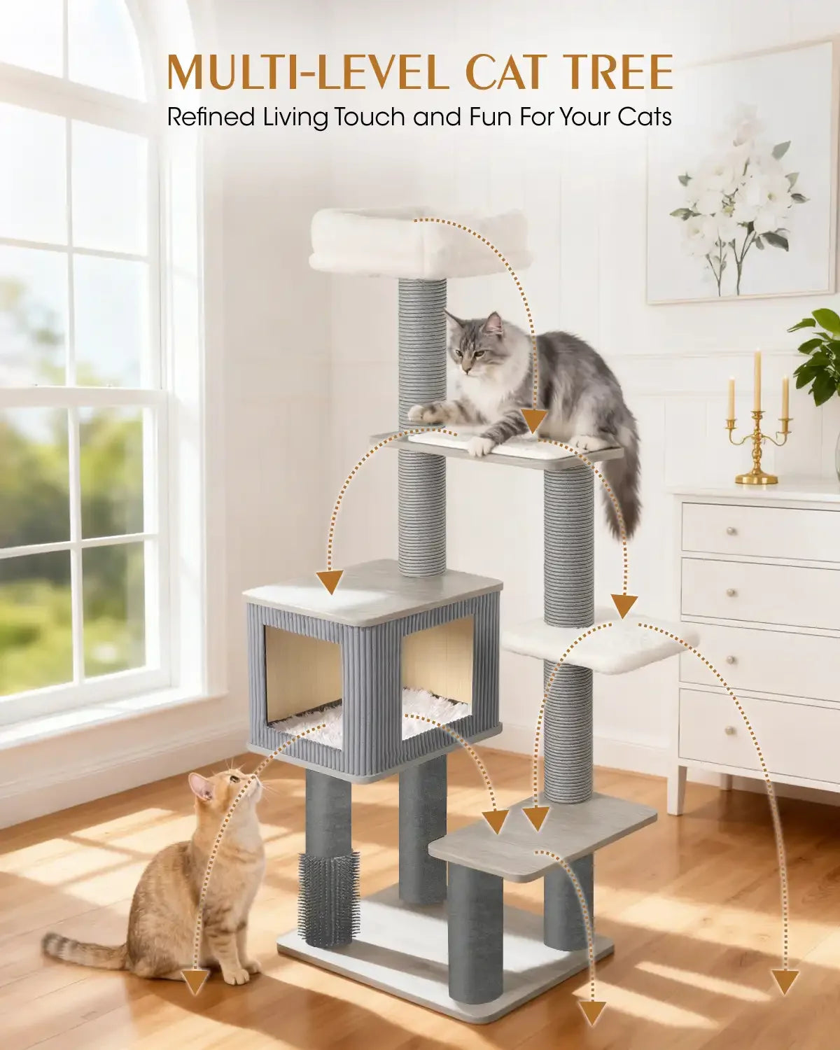 Multi-level Purrlato cat tree diagram with arrows showing the climbing path and activity routes for multiple cats in a bright modern home.