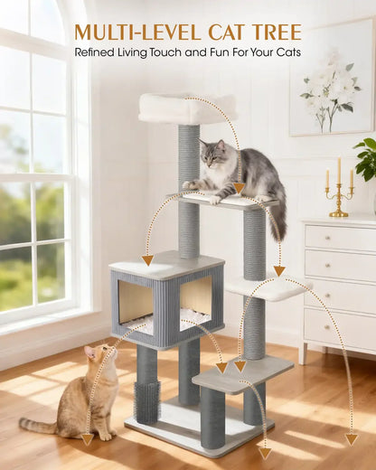 Multi-level Purrlato cat tree diagram with arrows showing the climbing path and activity routes for multiple cats in a bright modern home.