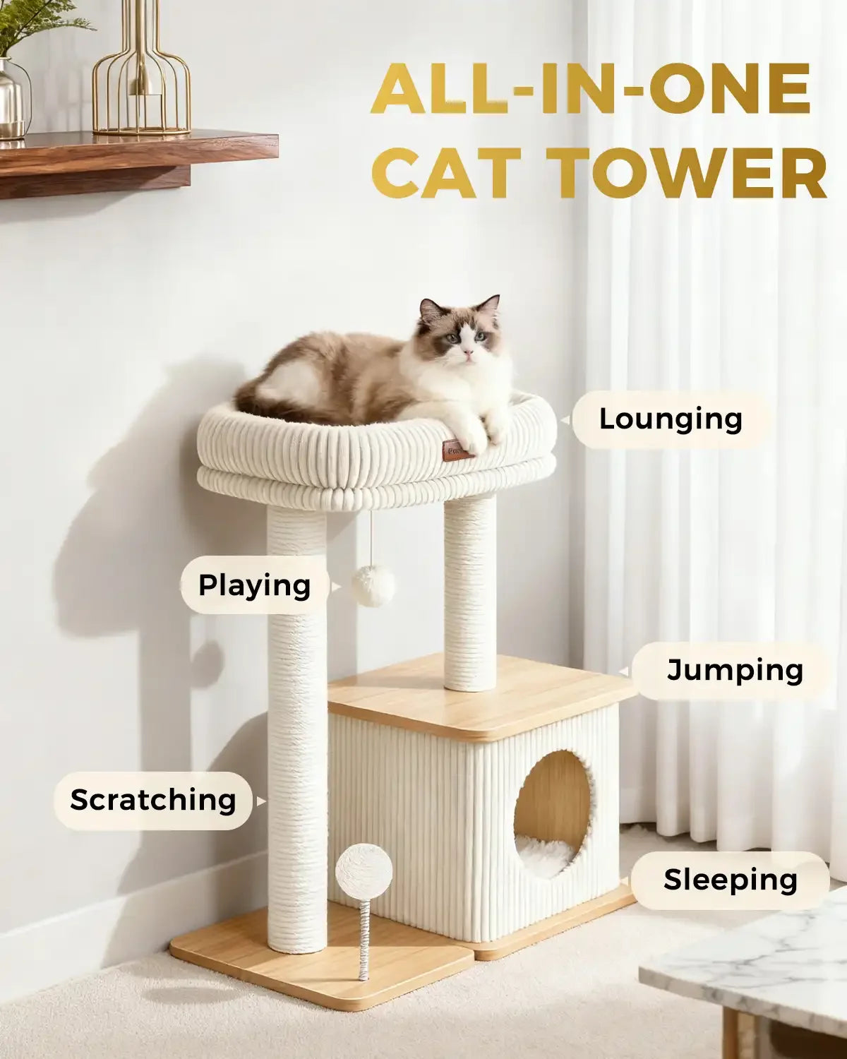 All-in-one cat tower infographic for Purrlato Nordic Loft large ash white wood cat tree, highlighting functions for lounging, playing, jumping, scratching, and sleeping with a fluffy ragdoll cat resting on the top perch.