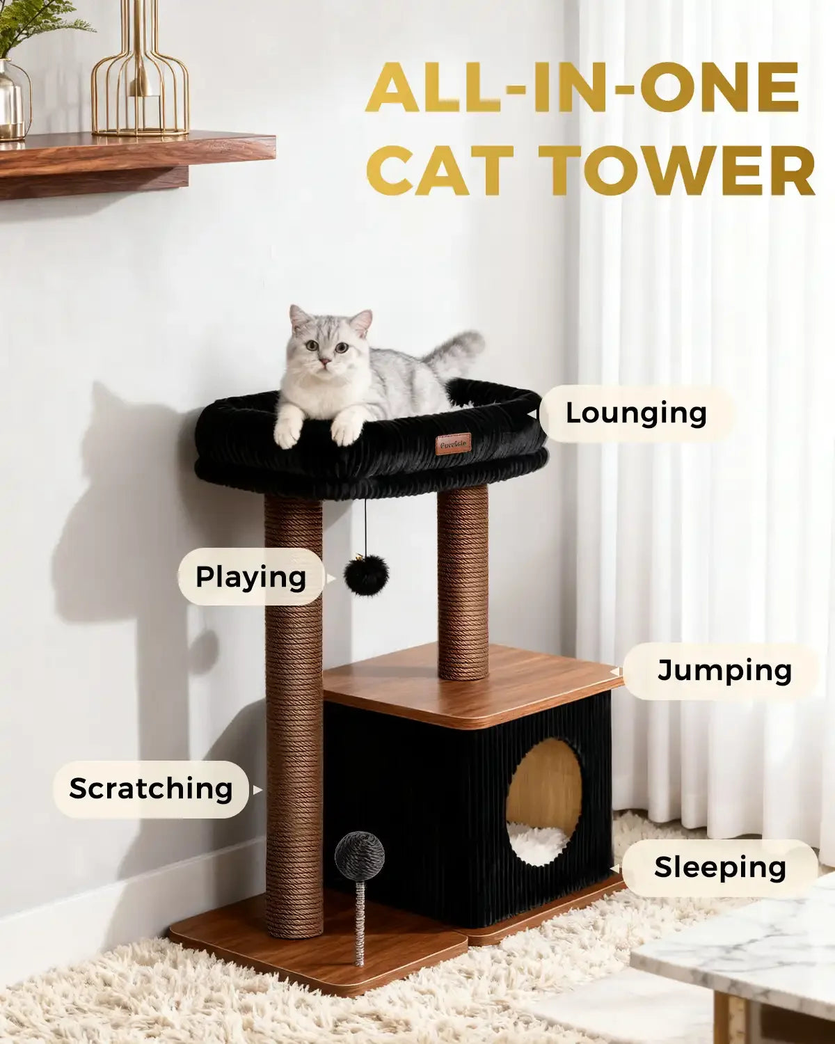 All-in-one cat tower infographic for Purrlato Nordic Loft walnut cat tree, highlighting functions for lounging, playing, jumping, scratching, and sleeping with a British Shorthair cat.