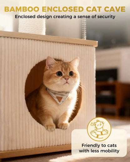 Bamboo enclosed cat cave infographic for Purrlato Nordic Loft cat tree, showcasing an enclosed design for security and a text icon reading friendly to cats with less mobility, with a cute golden British Shorthair kitten inside.