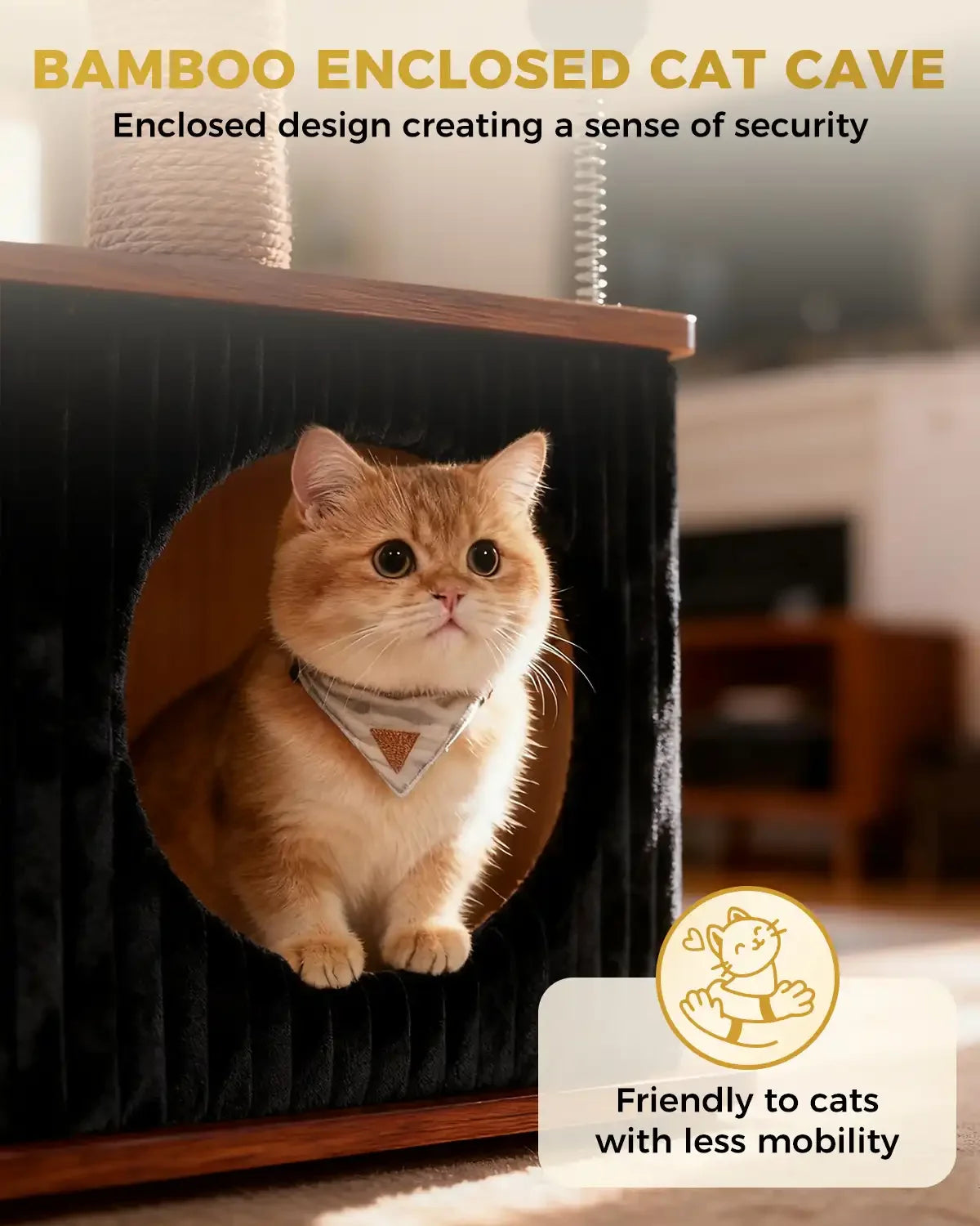 Bamboo enclosed cat cave infographic for Purrlato Nordic Loft cat tree, featuring an enclosed design for security and a friendly structure to cats with less mobility, with a golden British Shorthair cat wearing a bandana inside.