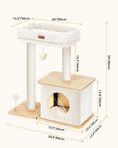 Product dimension chart for Purrlato Nordic Loft large ash white wood cat tree, showcasing a total height of 35 inches (90cm), width of 25.8 inches (65cm), depth of 13.8 inches (35cm), a 20-inch top perch bed, and a 15.7-inch wide cat condo cave.