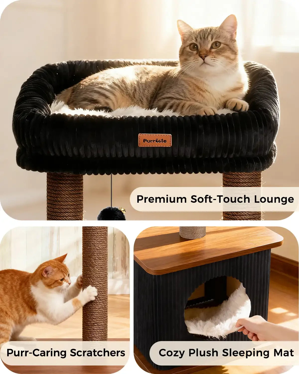 Premium comfort details of Purrlato Nordic Loft cat tree, showcasing a tabby cat on the soft-touch lounge, a ginger cat using the paper rope scratcher, and a hand pulling the cozy plush sleeping mat.
